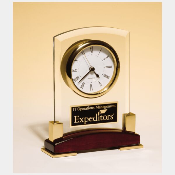 6 x 7 3/4" Beveled Glass Desk Clock, Piano Finish Base, MetalAccent with Plate Thumbnail