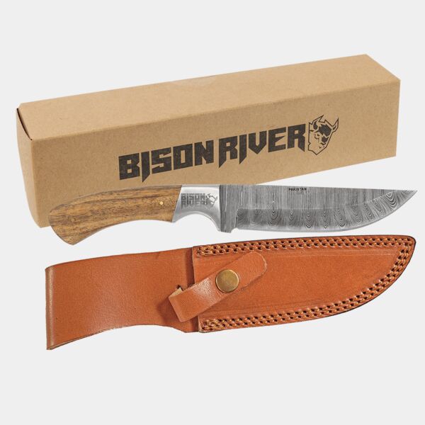 Bison River 9 1/2" Fixed Blade Wood Knife with Damascus Steel Blade and Leather Sheath Thumbnail