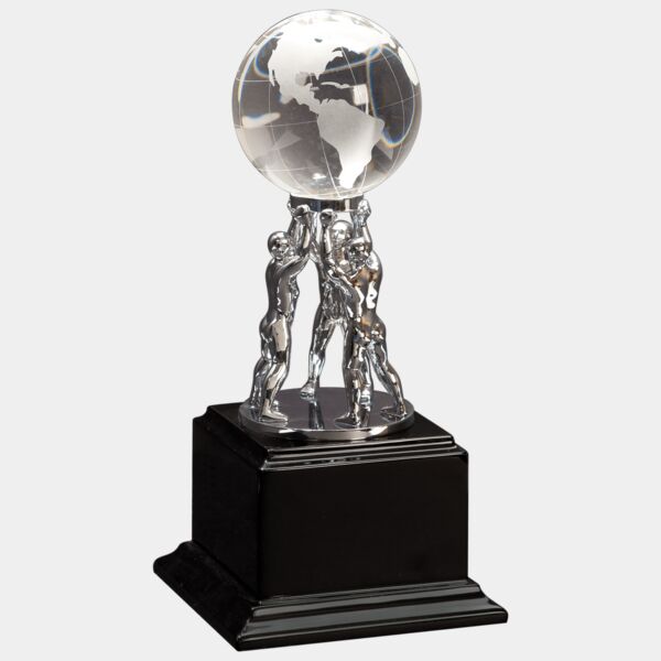 10" Crystal Globe with Men/Stand on Piano Finish Base Thumbnail