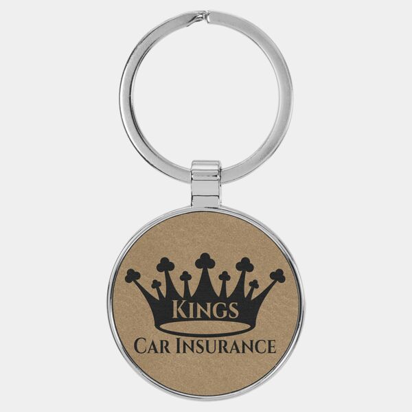 1 1/2" Laserable Leatherette/Metal Round Keychain Thumbnail
