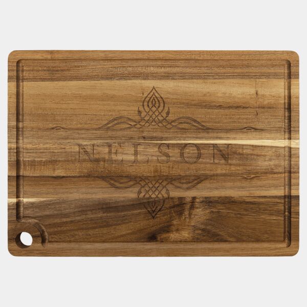 13 3/4" x 9 3/4" Acacia Cutting Board with Drip Ring and Corner Hole Thumbnail