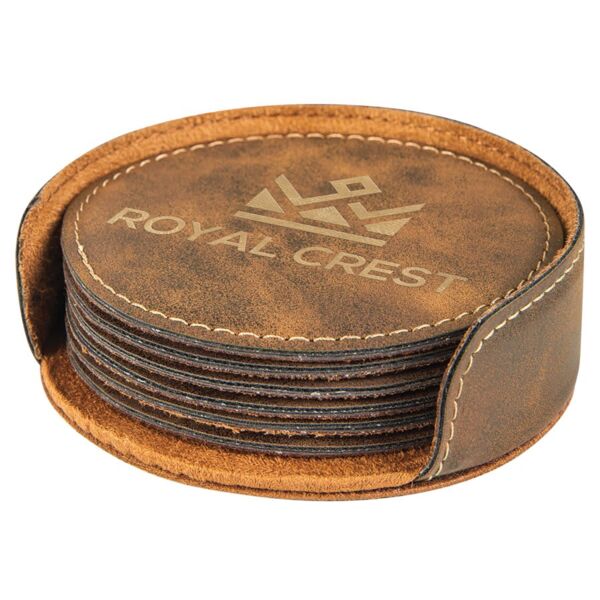 4" Rustic/ Round Laserable Leatherette 6-Coaster Set Thumbnail