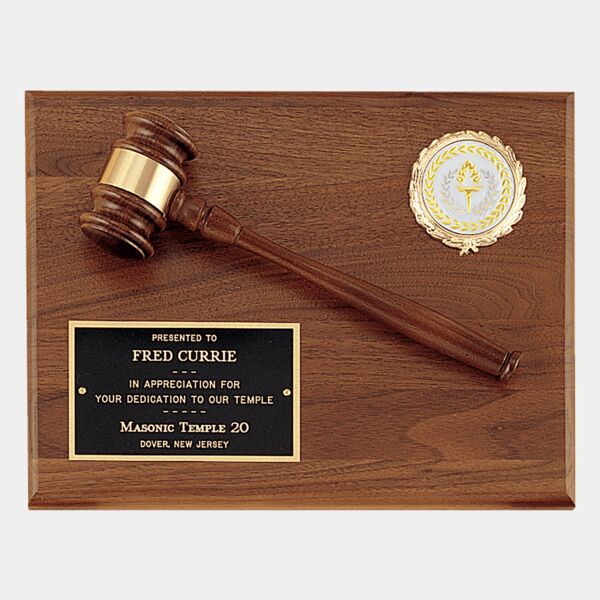 Solid Plaque with a Gavel, Gavel Band, Laserable Brass Plate and 2" Insert Holder (Insert Sold Separately) Thumbnail