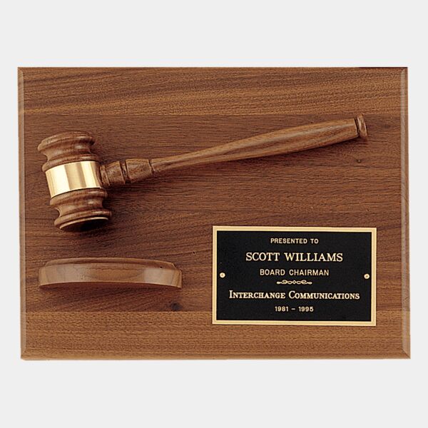 9" x 12" Solid Plaque with a Gavel, Gavel Band, Laserable Brass Plate and a Half Sounding Block Thumbnail