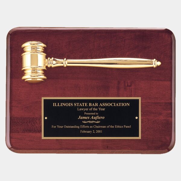 9" x 12" Piano Finish Plaque with a Electroplated Gavel and Laserable Brass Plate for Personalization Thumbnail