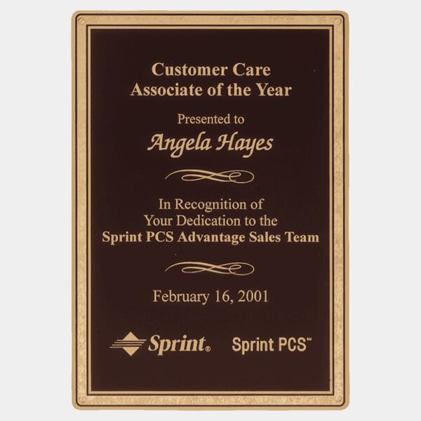 5 7/8" x 7 7/8" Laser Engravable Brass Plated Steel Plate with Florentine Border and Four Holes Thumbnail