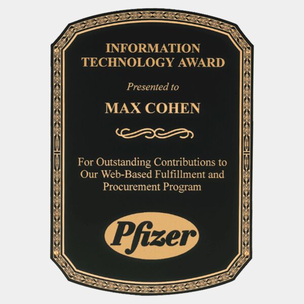 9" x 13" Laserable Brass Plate with Rounded Top and Bottom, Leaf Design Border and Four Holes Thumbnail