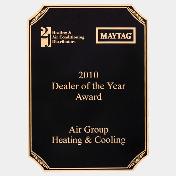 5 1/2" x 7 1/4" Laser Engravable Brass Plated Steel Plate with Clipped Corners and Sunburst Design Borders Thumbnail