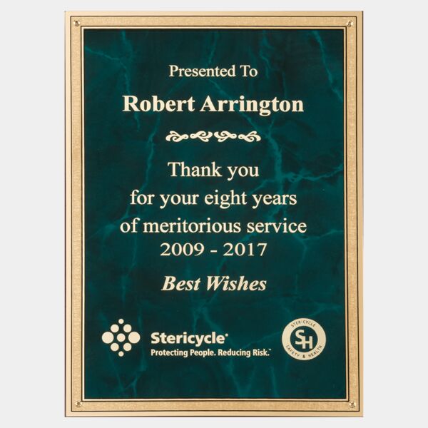 5 1/4" x 7 1/4" Emerald Marble Brass Plated Steel Plate with 4 Holes and Florentine Border Thumbnail