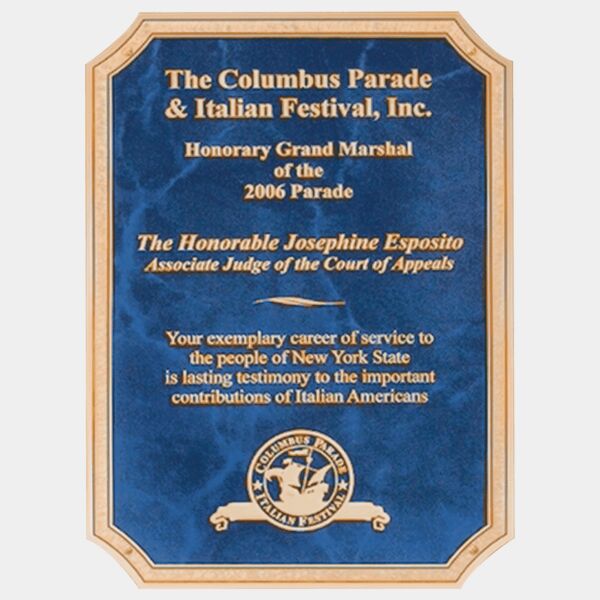 6" x 8 1/2" Sapphire Marble Brass Plated Steel Plate with Four Holes, Notched Corners, and Florentine Design Border Thumbnail