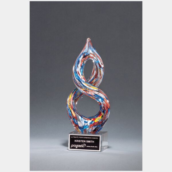 10" Helix Multi-Color Art Glass on Glass Base with Laserable Aluminum Plate Thumbnail