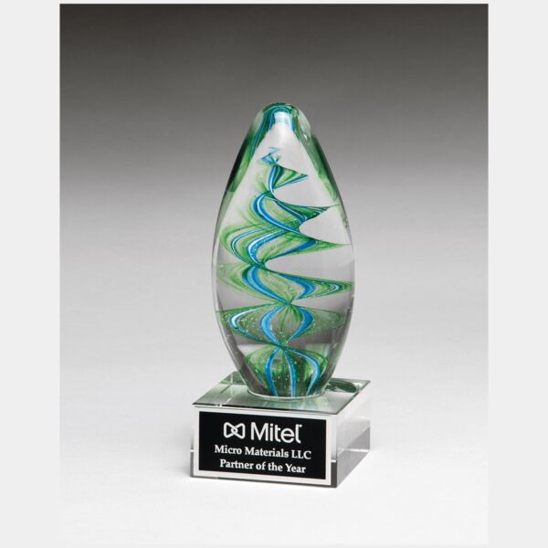6 1/2" and Helix Egg Shaped Art Glass on Glass Base with Laserable Aluminum Plate Thumbnail
